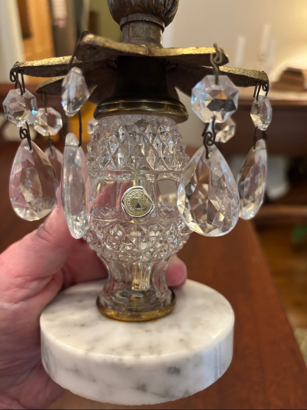 Vintage Hollywood Regency Crystal Brass Marble Candle Holder ITALIAN-PAIR - Picture 7 of 16
